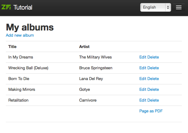 Album list view with the added "Page as PDF" link